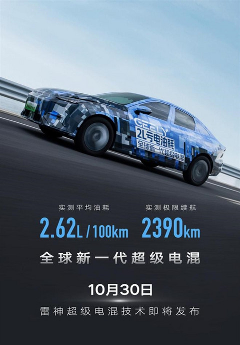 吉利全新雷神超级电混定档10月30日发布：实测极限续航2390Km