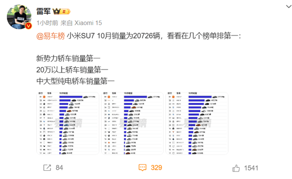 小米SU7殺瘋了！ 10月銷量超越BBA、比亞迪 拿到三個(gè)第一