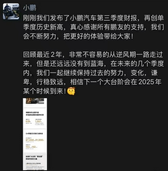 小鹏发布史上最强财报  何小鹏：要保持谦卑继续努力