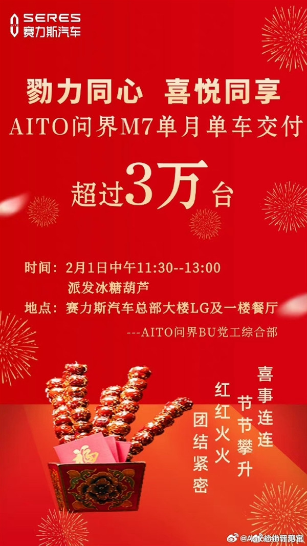 問界M7單月銷量破3萬輛 賽力斯給員工派發(fā)糖葫蘆
