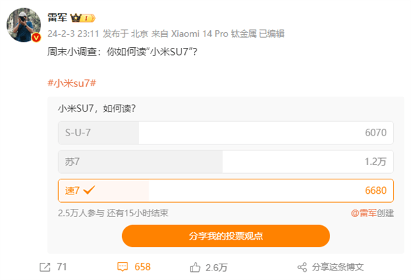 雷军微博发起投票“小米汽车SU7如何读”：结果选“苏7”的人最多