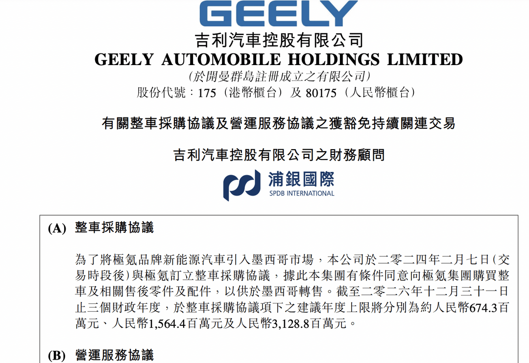 為將極氪引入墨西哥市場，吉利與極氪簽訂采購協(xié)議