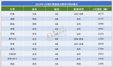 2024年1月轿车销量前20：又有“黑马”冲榜成功，油车开始反扑？