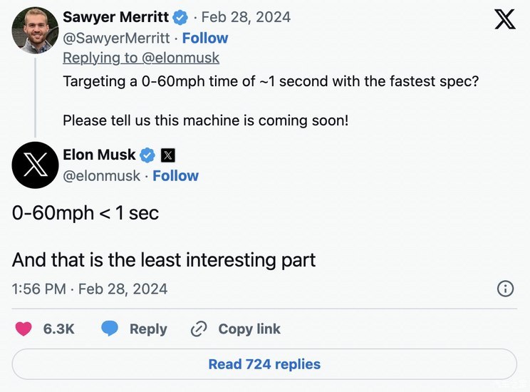 马斯克：Roadster 0-96km/h加速不到1秒