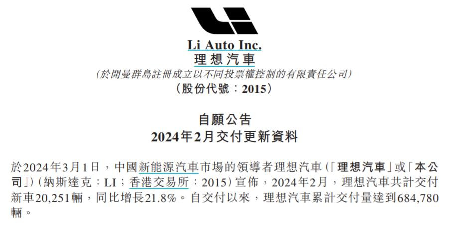 理想汽车2月交付20,251辆新车，目标3月交付五万辆