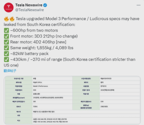 最大马力超600匹！特斯拉全新Model 3高性能版动力参数公布