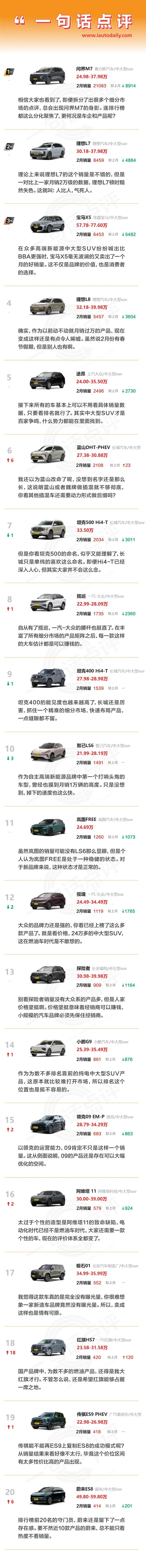 一句话点评2月中大型SUV：果然是高合垫底