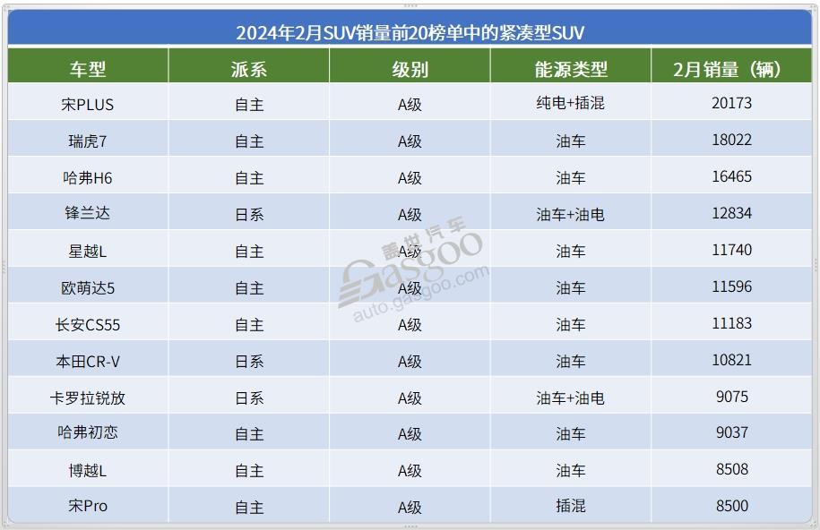 2024年2月SUV销量TOP20：ModelY夺冠，问界M7月销再破2万辆