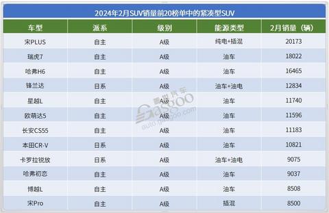 2024年2月SUV销量TOP20:ModelY夺冠,问界M7月销再破2万辆