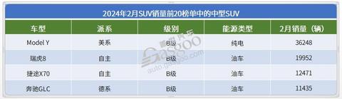 2024年2月SUV销量TOP20:ModelY夺冠,问界M7月销再破2万辆