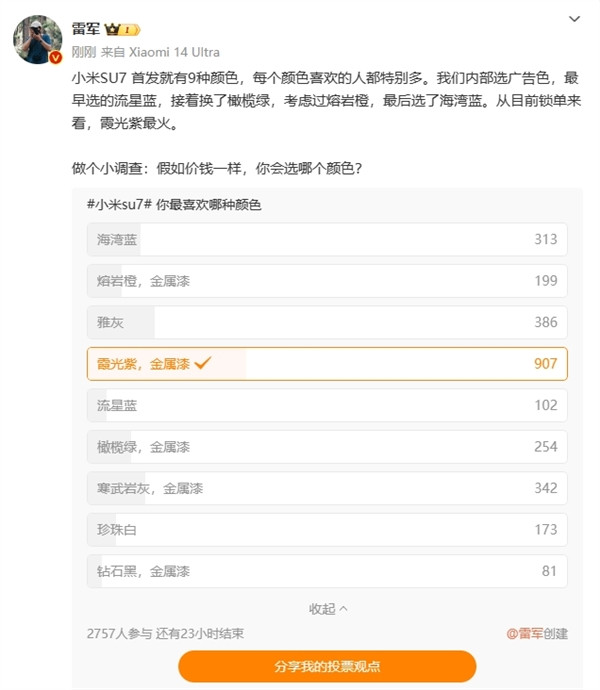 雷军：小米SU7首发9种配色 霞光紫最受欢迎
