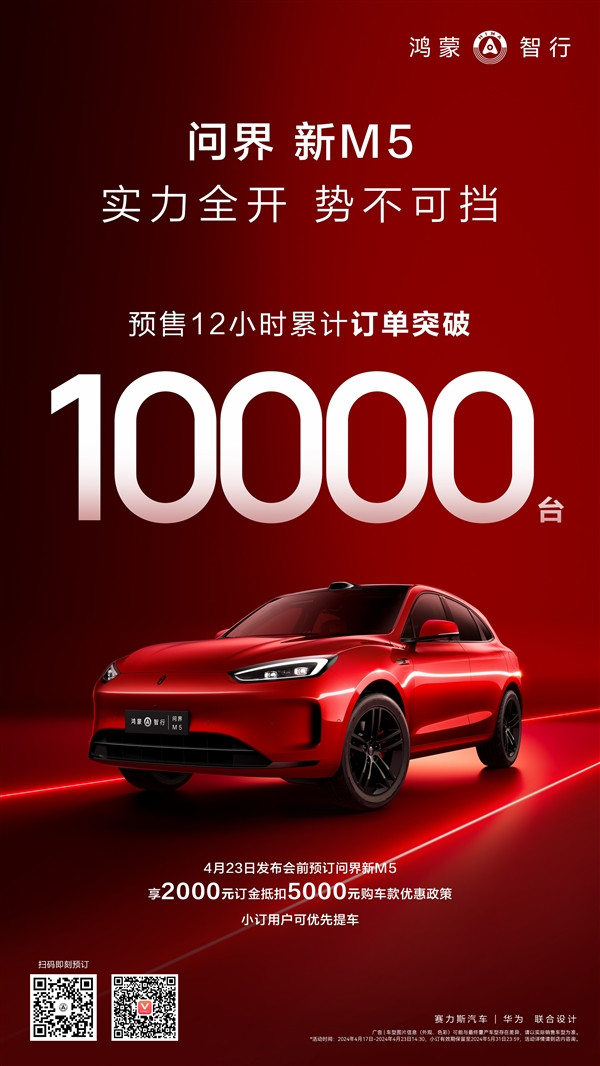華為再造爆款車！問界新M5預售12小時訂單破萬