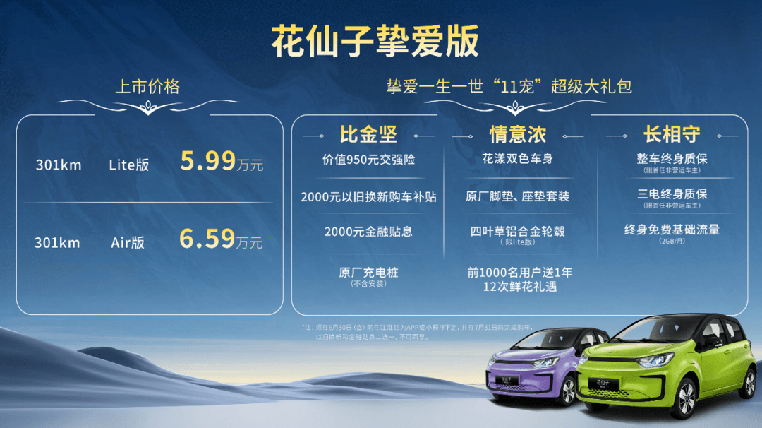 售价5.99-6.59万元,301km续航+五门五座，花仙子挚爱版上市