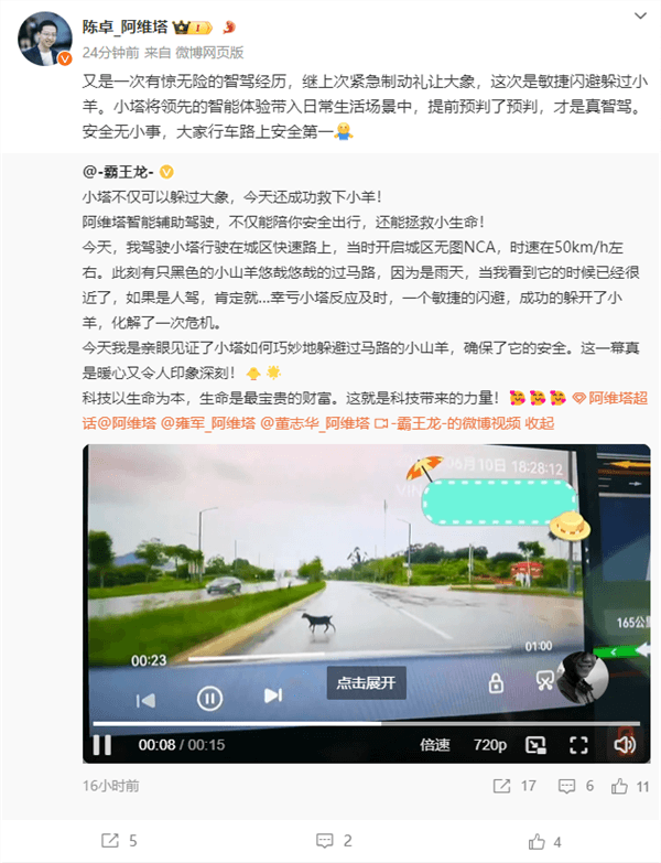躲大象后又救羊 阿維塔車主雨天開(kāi)啟智駕：華為NCA輕松繞行