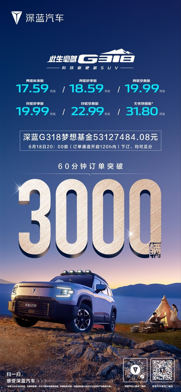 17.59萬起！深藍G318上市即爆火：60分鐘訂單破3000臺