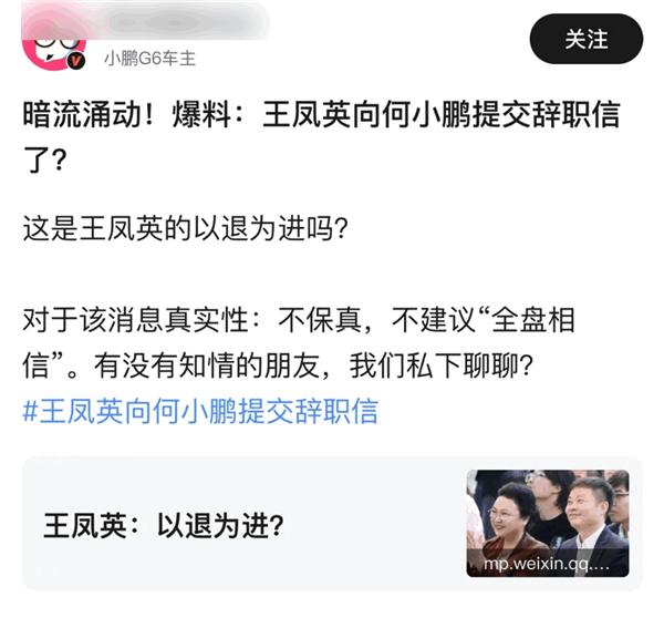 曝小鵬總裁王鳳英離職 本人朋友圈親自辟謠