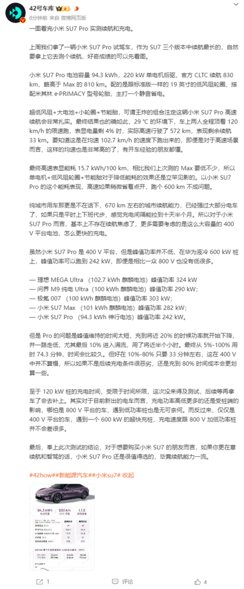 400V平台打造的小米SU7 Pro续航、充电实测：不逊800V电车