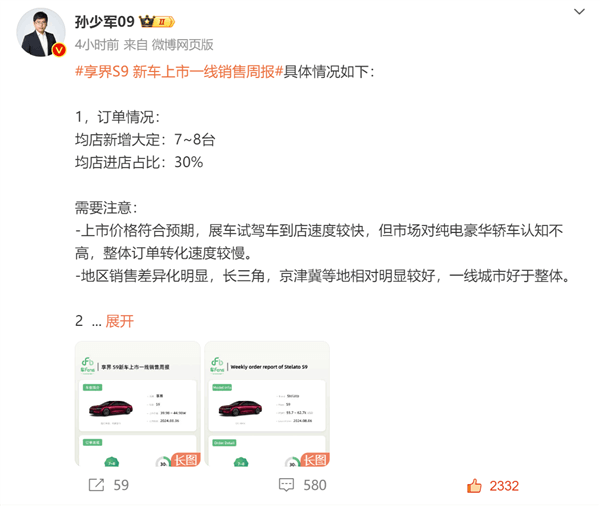 博主曝享界S9八成客戶選頂配：對(duì)比BBA感受超預(yù)期