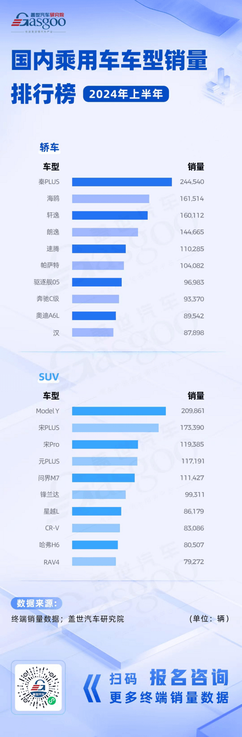 比亚迪、特斯拉引领新能源加速渗透 | 2024上半年轿车&SUV车型销量榜