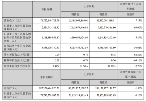 长安汽车2024上半年营收767.23亿元,净利润同比下降63%