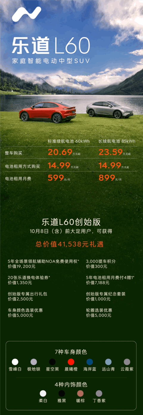 租电买车仅14.99万 起步续航555公里！乐道L60一图看懂