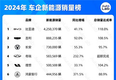 2024年銷量榜：比亞迪狂賣425萬(wàn)輛，鴻蒙智行暴漲371%，吉利超額完成年目標(biāo)