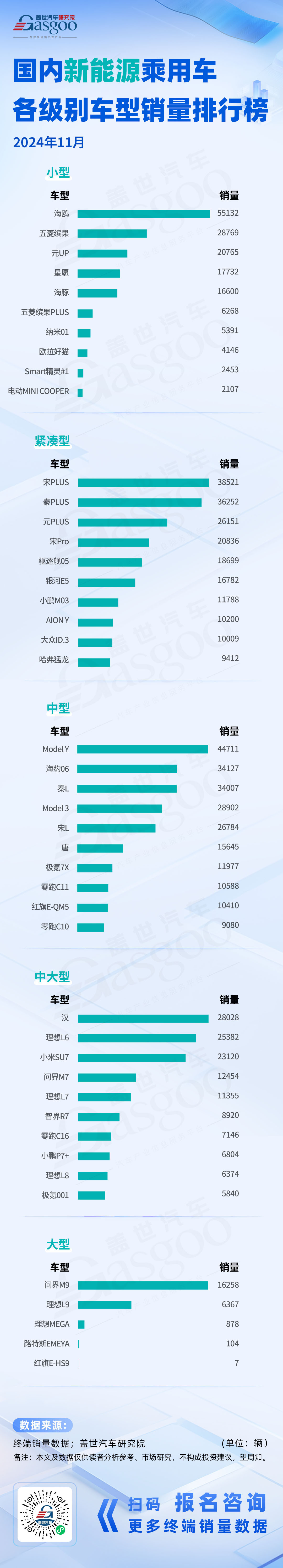 燃油乘用车市场格局稳定，新能源市场比亚迪称雄 | 2024年11月各级别车型销量排行榜