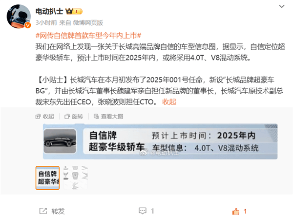 曝長城超豪華自信牌轎車年內(nèi)上市：搭載4.0T V8混動系統(tǒng)