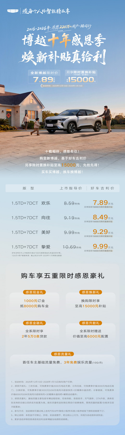 吉利博越推出限时优惠 至高15000元置换补贴 售价7.89万元-图1