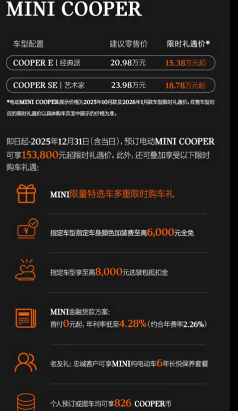 2026款电动MINI COOPER上市 售20.98万元起