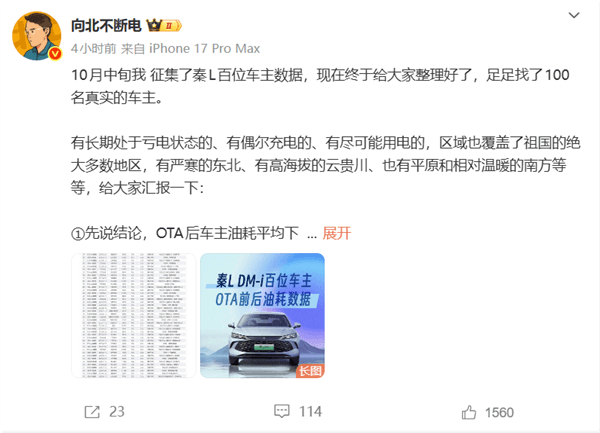 博主征集100位秦L車主數(shù)據(jù)：比亞迪OTA后 平均油耗下降16.5%