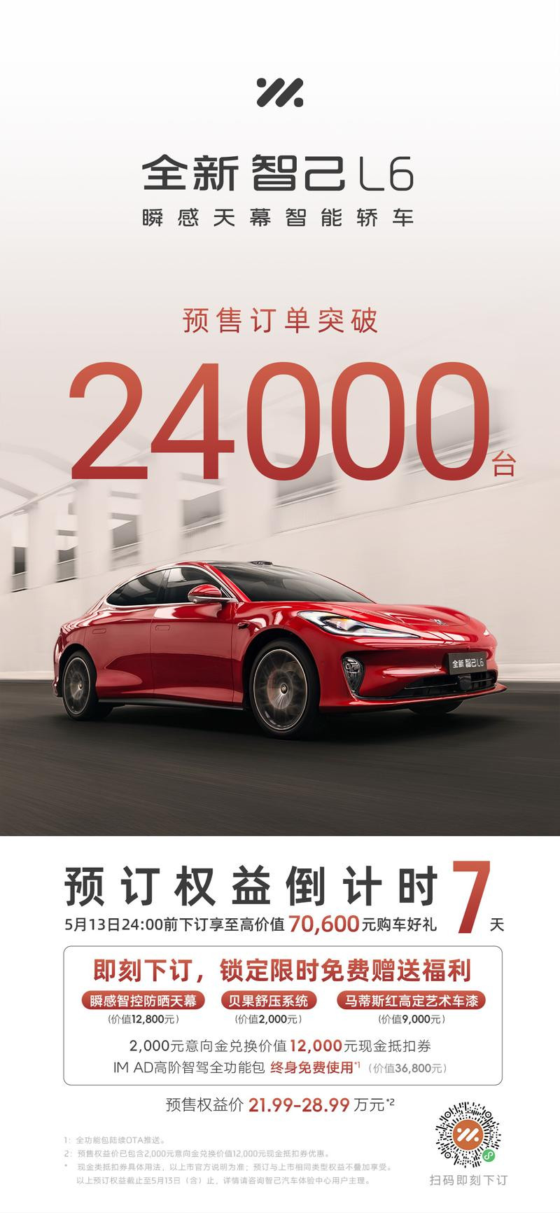 智己L6预售订单破24000台，21.99万起售标配800V高压平台