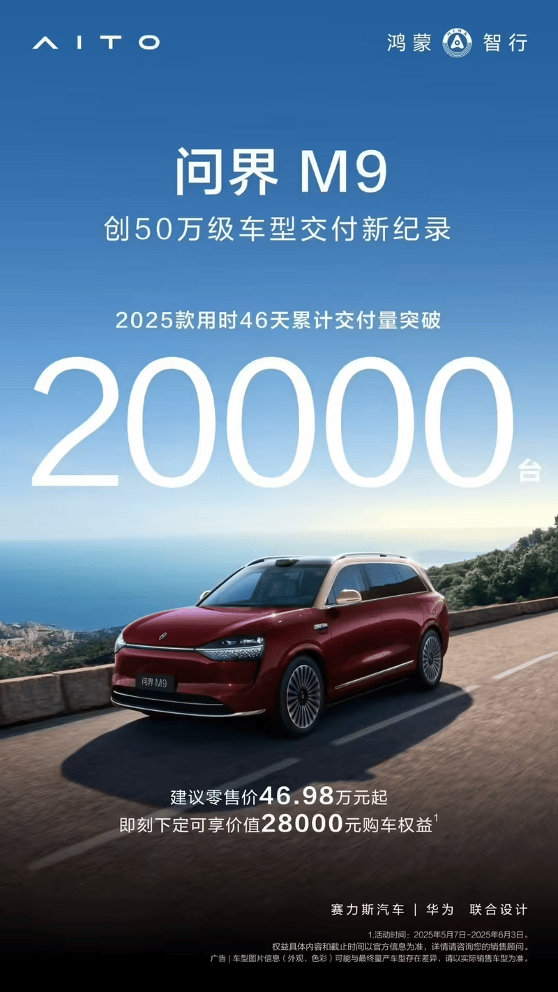 2025款问界M9售价46.98万起，46天交付破2万台的秘密