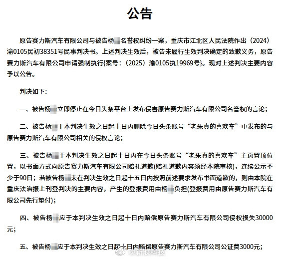 賽力斯維權(quán)勝訴 博主判賠3萬元拒不執(zhí)行被限高