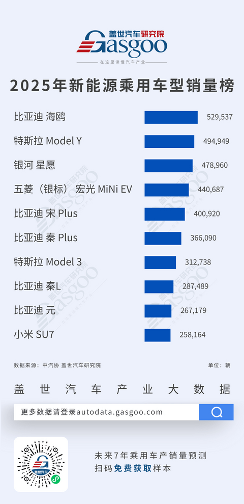 自主五车跻身燃油前十，海鸥52.9万+领跑新能源丨2025年燃油车型/新能源车型销量榜