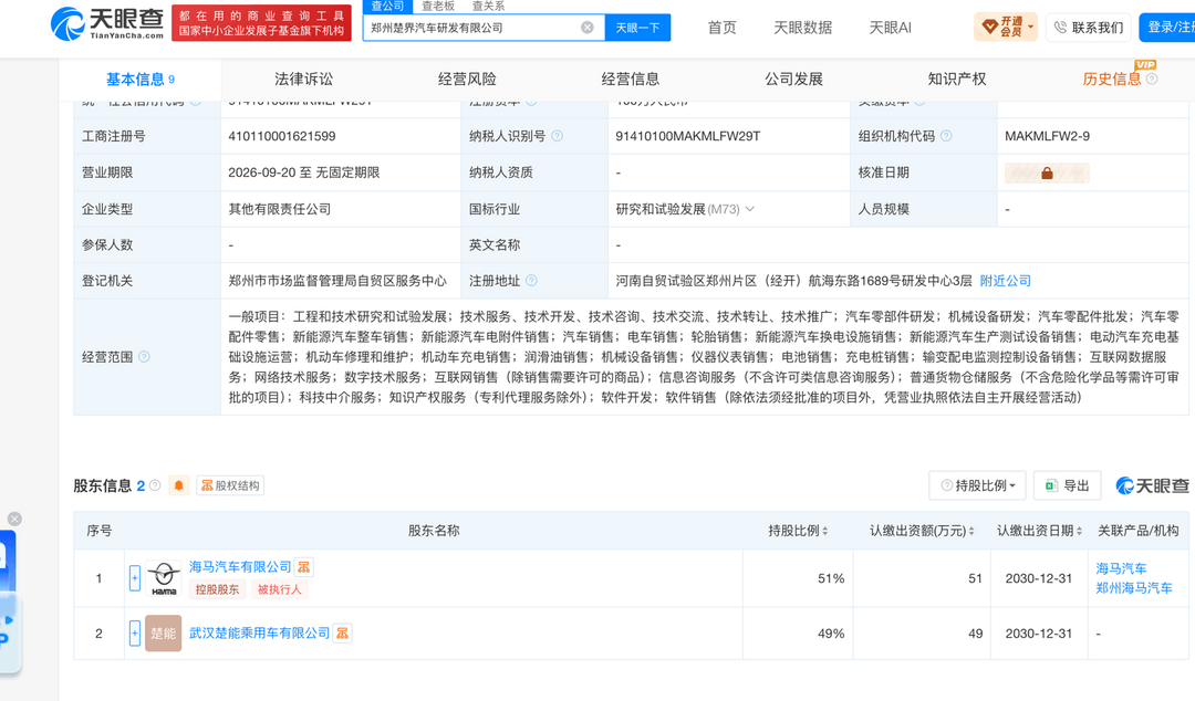 海马联合楚能乘用车，设立楚界汽车研发公司