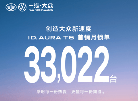 一汽-大众ID. AURA T6首月战报：锁单33022台，激光雷达版本占比超90%