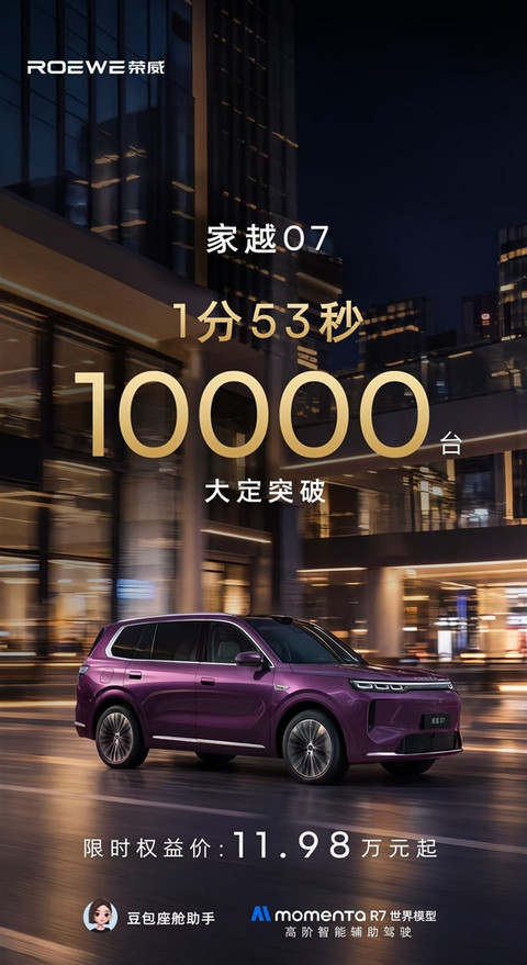上市不到2分钟 大定破万台!荣威家越07限时11.98万起