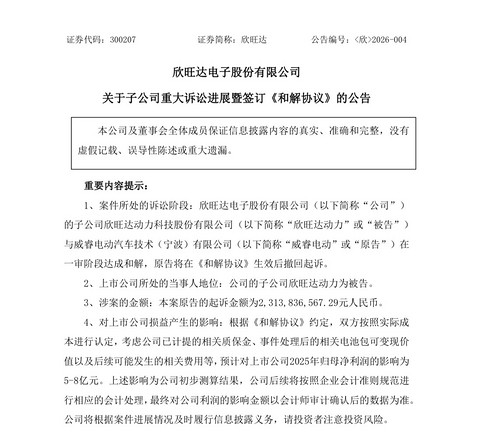 欣旺达动力与威睿电动达成和解，23亿元纠纷落幕