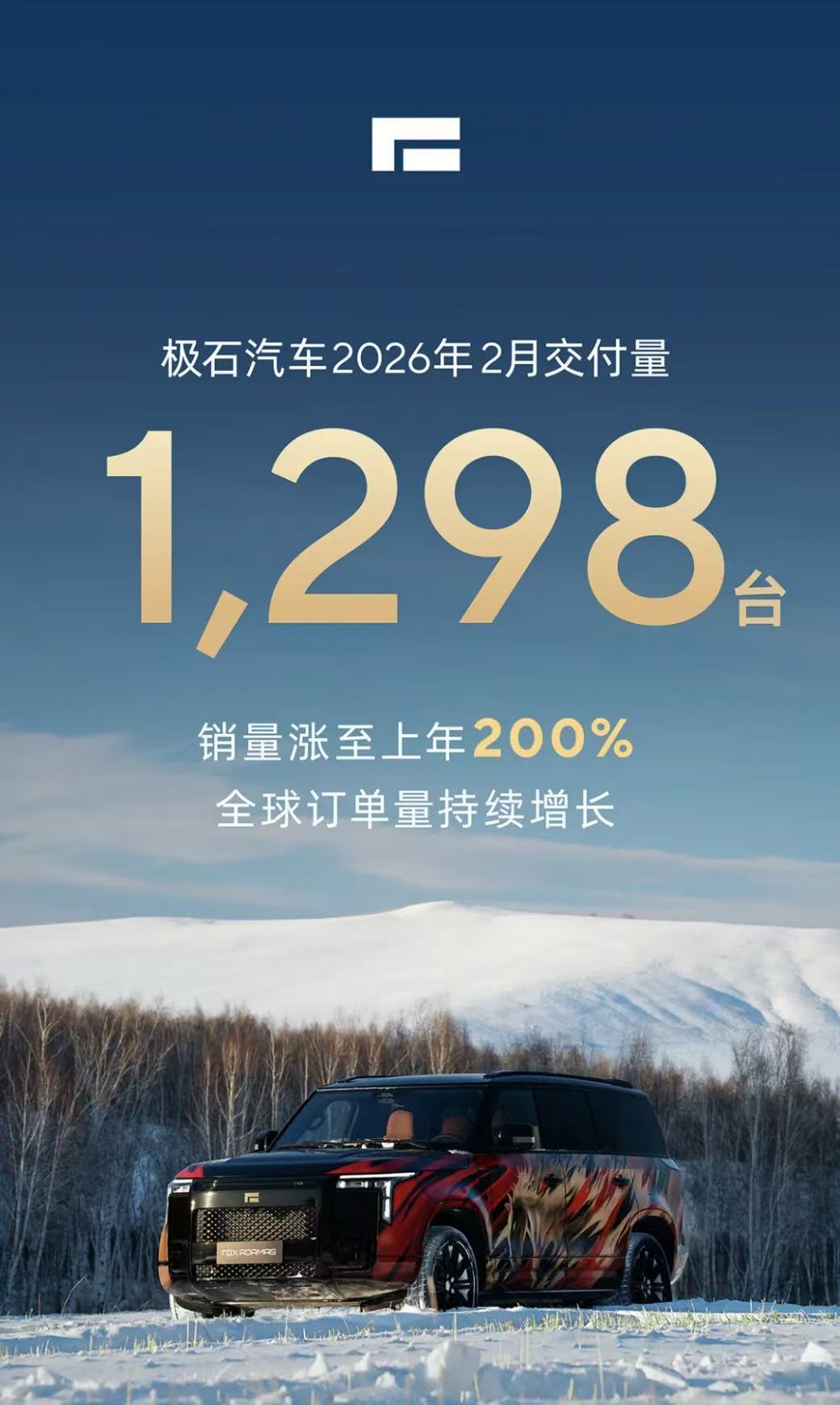 极石汽车2026年2月交付1298台，销量涨至上年200%