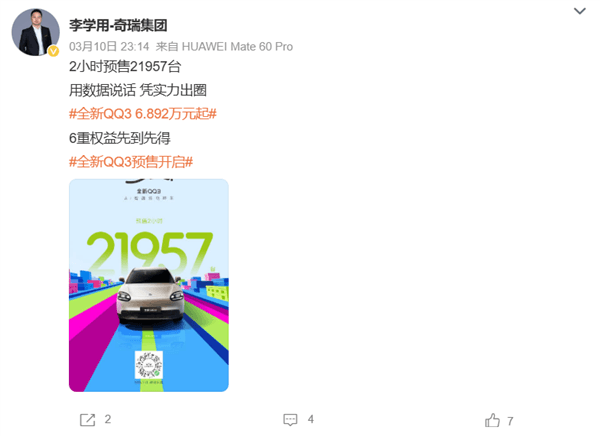 一代國(guó)民神車回歸！全新奇瑞QQ3預(yù)售2小時(shí) 訂單破兩萬(wàn)