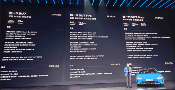 小米SU7上市：标准版21.99万起，三款车型正式开售