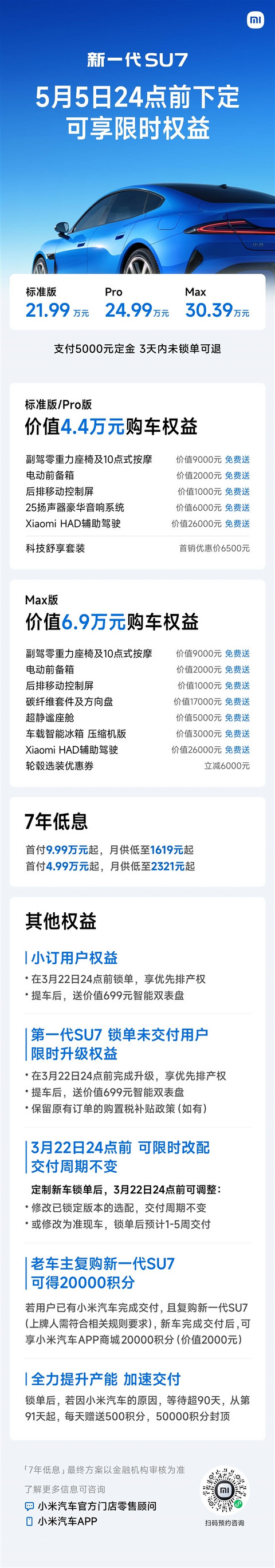 今晚21:30开定 定金5000元 3天内未锁单可退！新一代小米SU7选配指南一图看懂