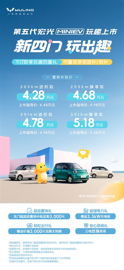 微型代步车之王焕新!新一代五菱宏光MINIEV上市:4.48万起