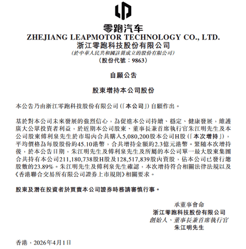 零跑创始人朱江明等再次增持公司股份，累计增持金额已近12亿港币