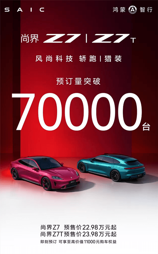 預售22.98萬起  鴻蒙智行尚界Z7/Z7T預定已破7萬：下周即上市