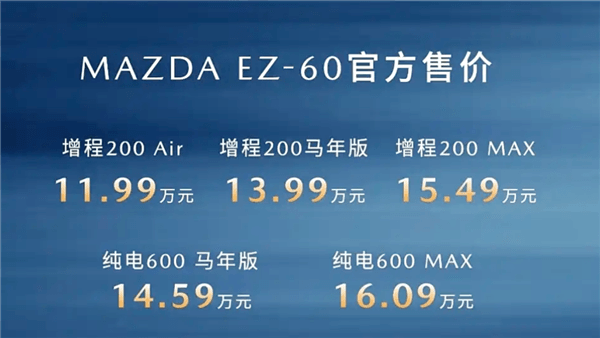 纯电、增程双动力 续航最高600公里！马自达EZ60马年版上市：13.99万起