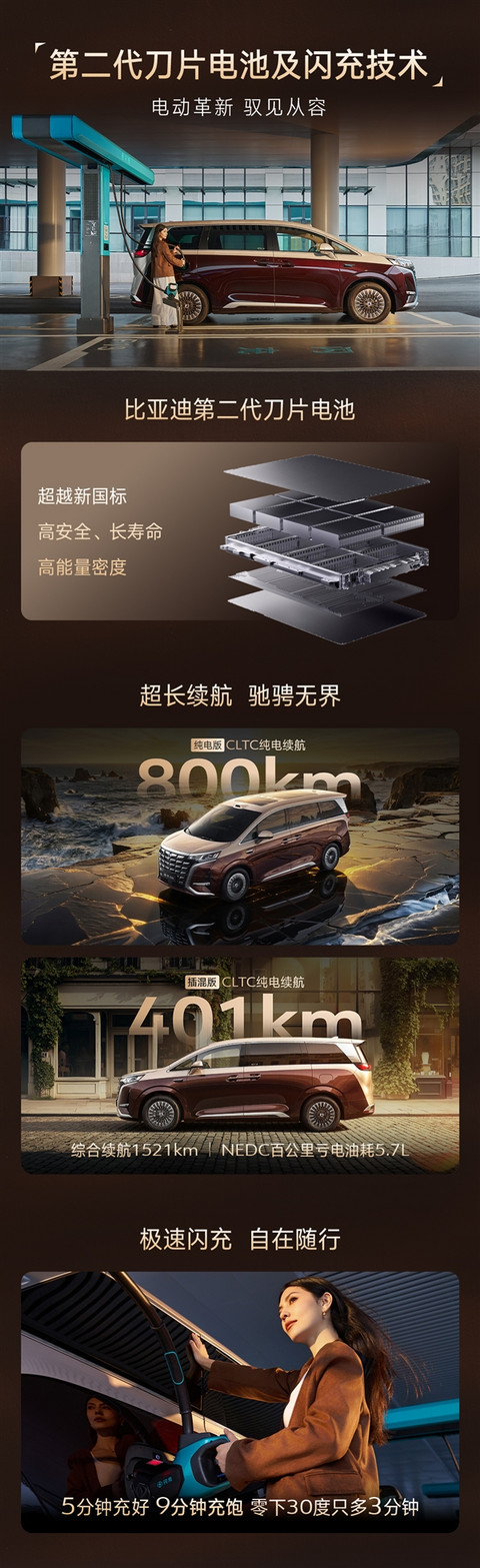 纯电续航800公里 9分钟充饱！第二代腾势D9一图看懂