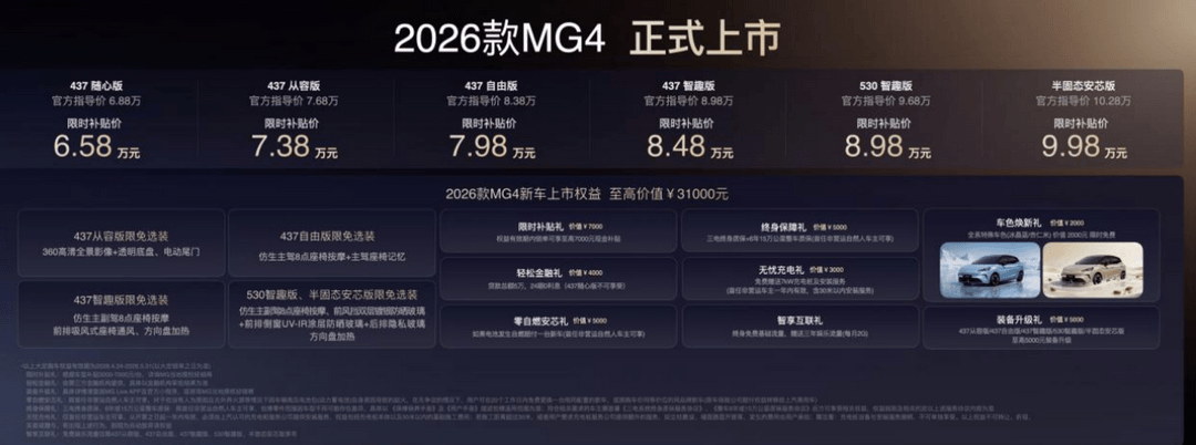 2026款MG4上市限时价6.58万元起，MG 4X/MG 07即将亮相