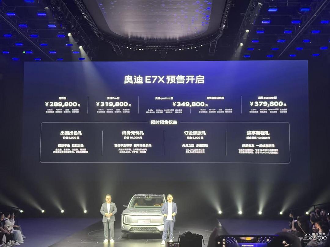 奥迪E7X预售28.98万起，提供109度电池与751公里续航版本